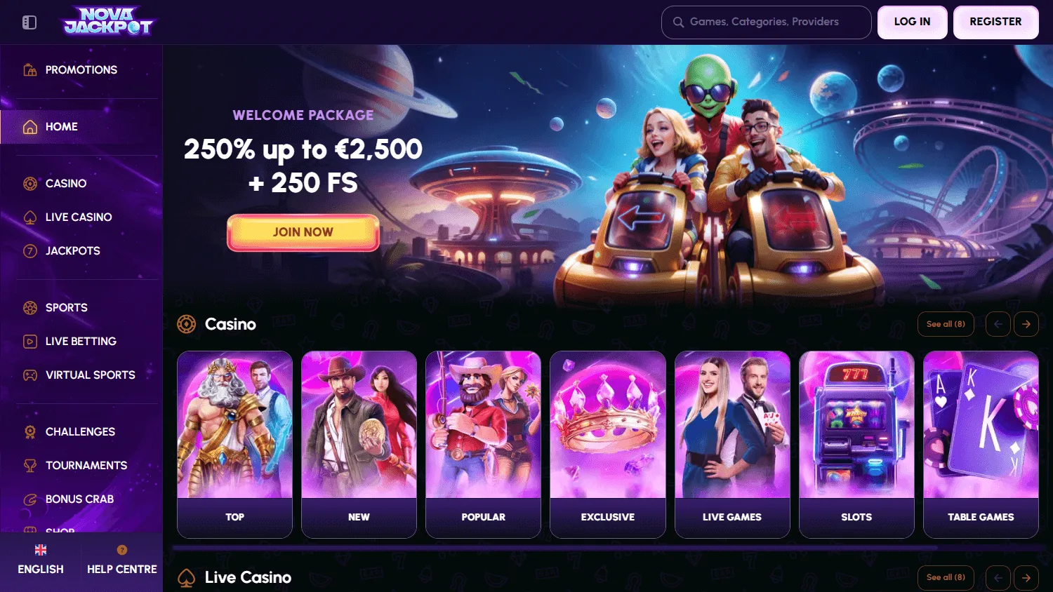 Novajackpot Casino home view on desktop