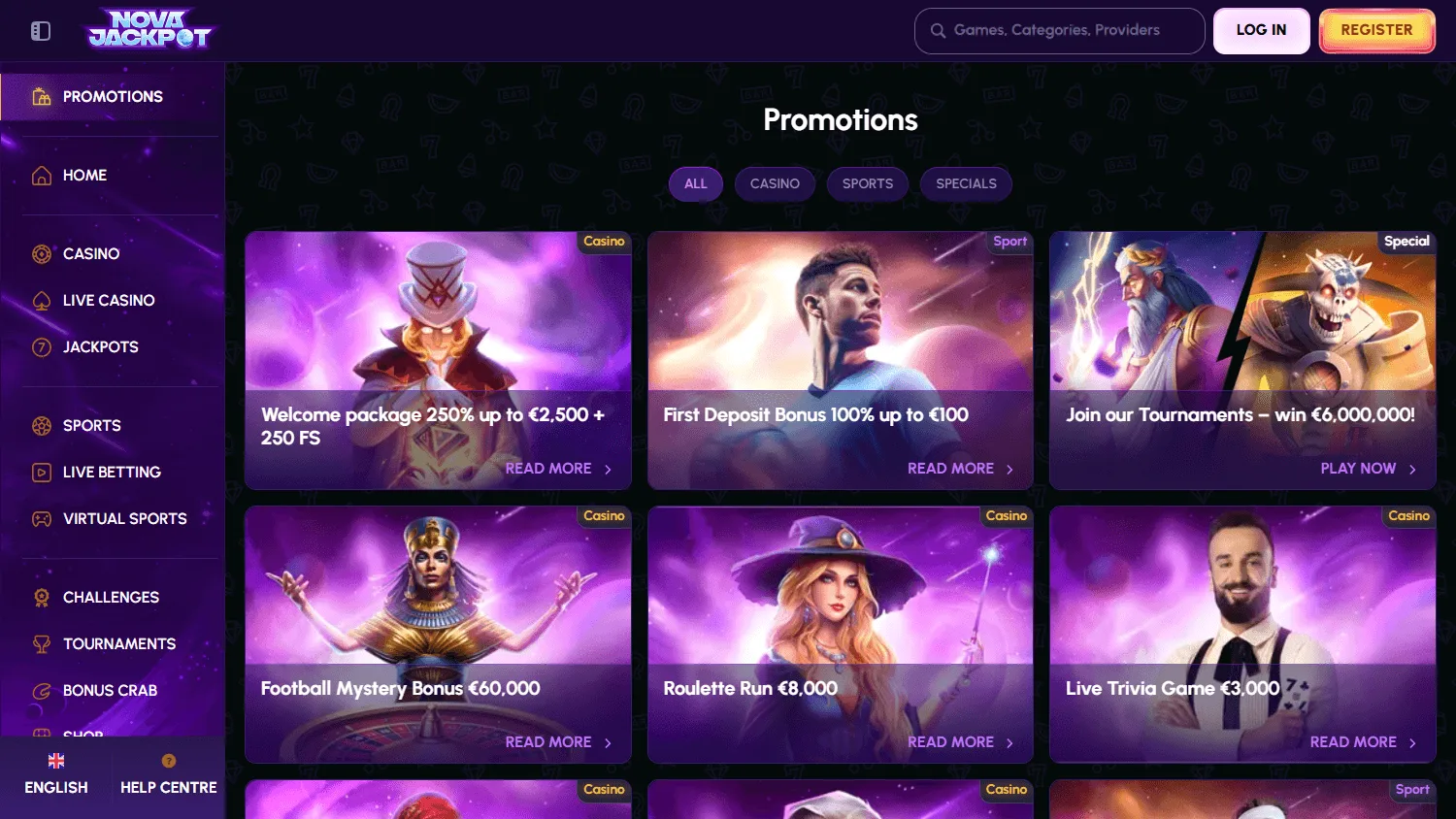 Novajackpot Casino promotions view on desktop